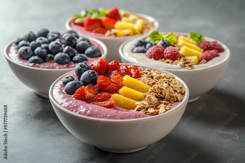 Delicious smoothie bowls topped with fresh fruits, granola, and seeds, perfect for a healthy breakfast or snack. Delicious smoothie bowls topped with fresh fruits, granola, and seeds, perfect for a healthy breakfast or snack.