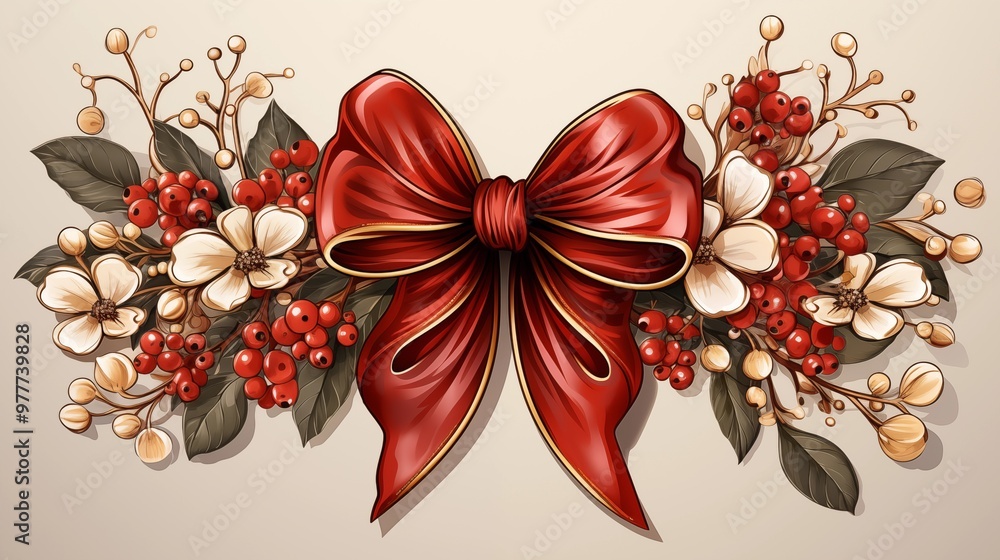 Red BIRTHDAY bow with golden border. Fir branches, berries and leaves. Hand-drawn, not AI. PNG file on a transparent background. Red BIRTHDAY bow with golden border. Fir branches, berries and leaves. Hand-drawn, not AI. PNG file on a transparent background.