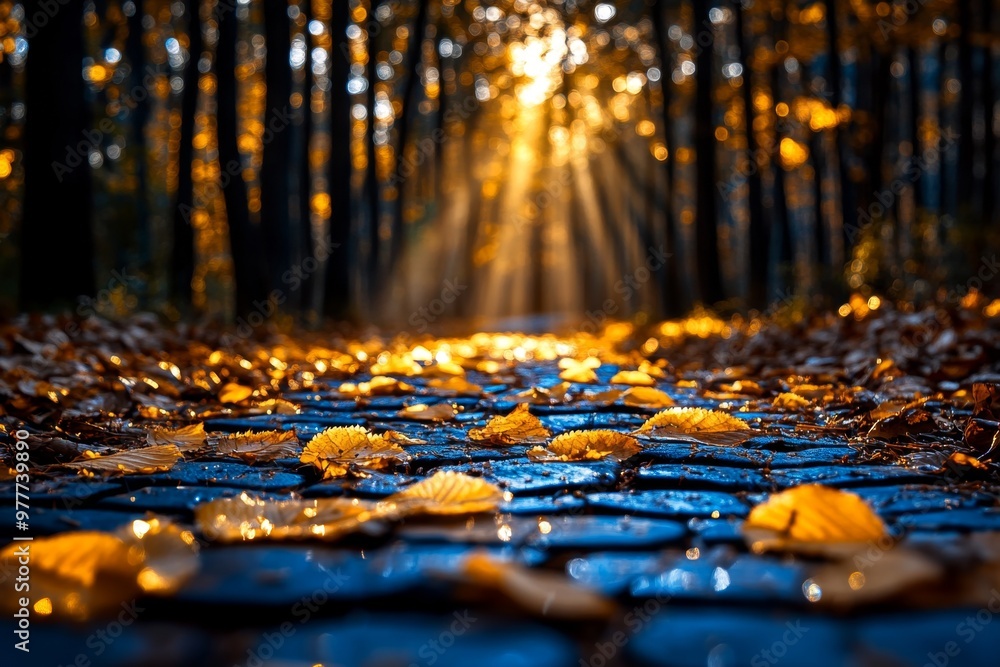 Fototapeta premium Bokeh background with golden sun rays filtering through the trees, casting soft light onto a forest path