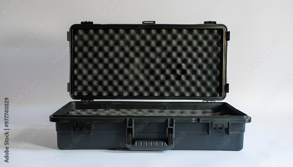 Open black plastic case with foam inside. Weapon case isolate on white background Open black plastic case with foam inside. Weapon case isolate on white background