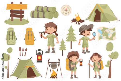 Scouts camping set elements in flat graphic design. Bundle objects of boys and girls in uniforms, tent, compass, campfire, backpacks, trees, lanterns, mats, direction pointers. Vector illustration.