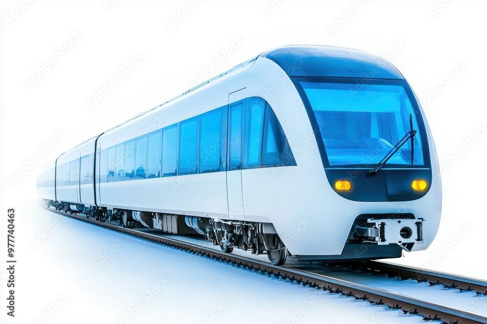 An electric commuter train with large windows, energy-efficient transport, isolated on white background An electric commuter train with large windows, energy-efficient transport, isolated on white background