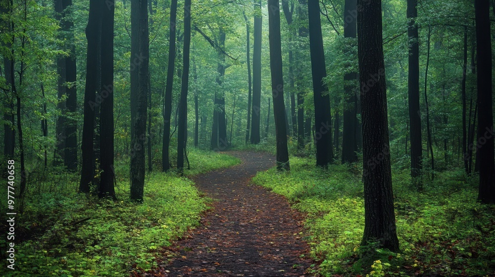 Obraz premium A peaceful forest with a walking path, 50 keywords