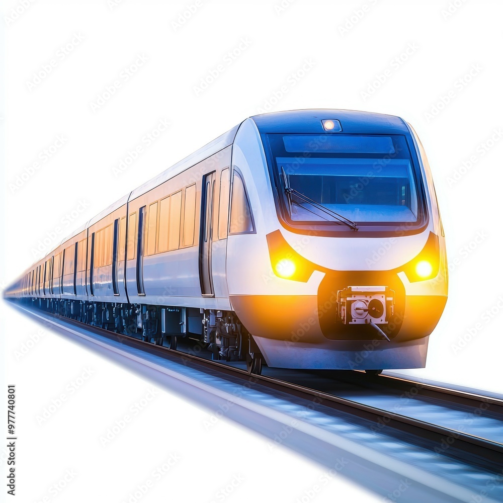 Naklejka premium A subway train with clean lines and bright lights, urban transportation concept, isolated on white background