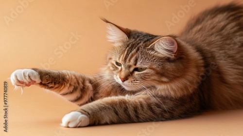 A playful bobtail cat stretching its paws, with a soft light solid color background that highlights its features photo