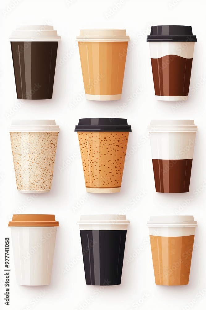 A collection of stylish coffee cups in various colors and designs, perfect for showcasing beverage culture and lifestyle. A collection of stylish coffee cups in various colors and designs, perfect for showcasing beverage culture and lifestyle.