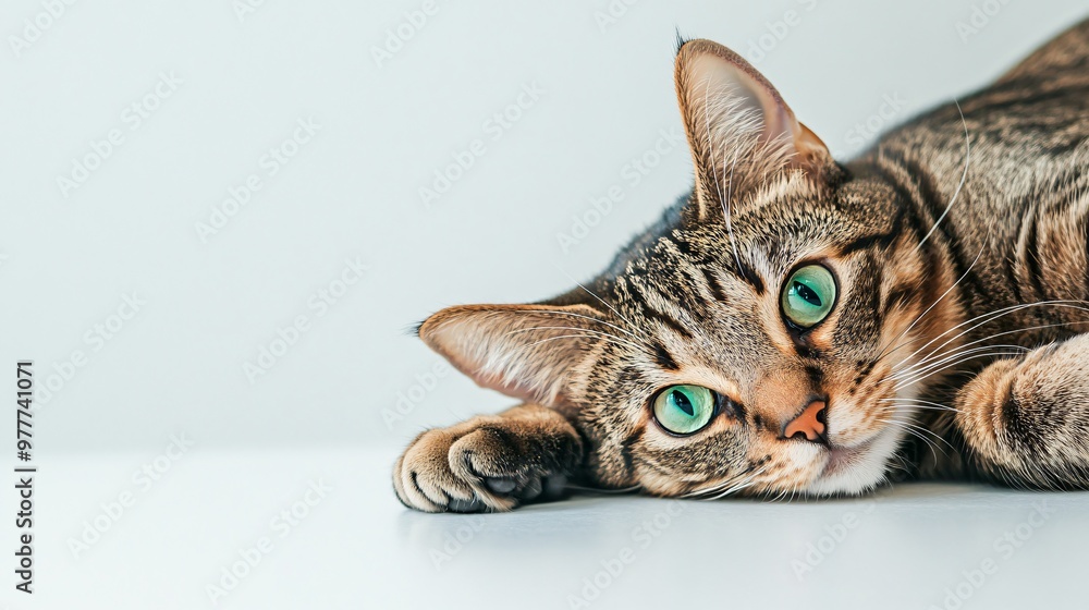 A close-up of a playful Korn Ja cat with striking green eyes, lounging on a light solid color background A close-up of a playful Korn Ja cat with striking green eyes, lounging on a light solid color background