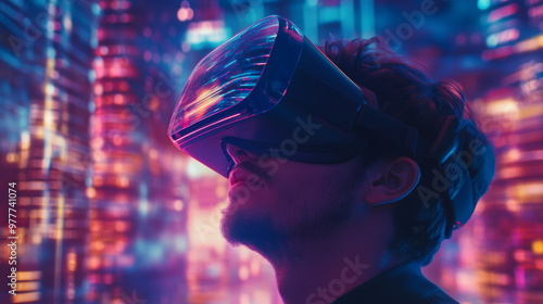 A futuristic concept showcasing VR and AR technology. A man wearing 3D VR headset glasses gazes upward into the cyberspace of the metaverse, immersed in a virtual reality or augmented reality world .