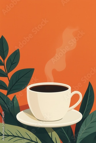 A cozy cup of steaming coffee surrounded by green leaves, perfect for a warm and inviting atmosphere.