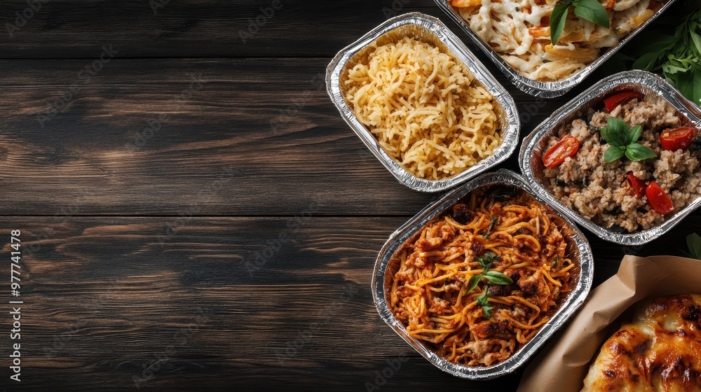A collection of foil containers filled with a variety of meals including pasta, rice, chicken, and vegetables, perfect for convenient and diverse meal options. A collection of foil containers filled with a variety of meals including pasta, rice, chicken, and vegetables, perfect for convenient and diverse meal options.