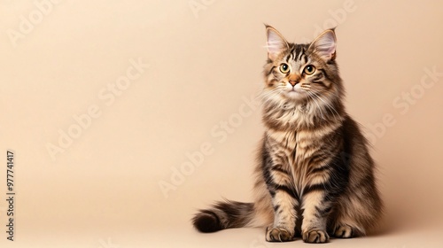 A playful Kurilian Bobtail cat with a distinctive short tail, sitting gracefully on a light solid color background photo