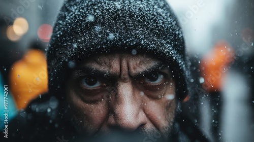 A person standing outdoors, their face partially visible under snowflakes, dressed appropriately for winter weather, highlighting the human experience amidst a cold, snowy environment. photo