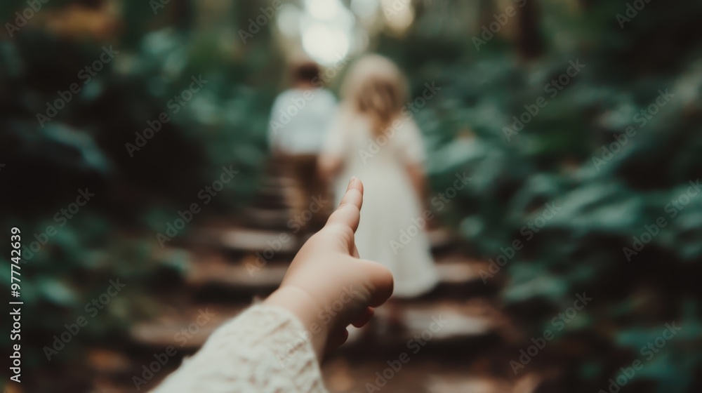 A child's hand is extended, pointing towards two children walking ahead of them up wooden steps in a green, forested area, creating a sense of wonder and adventure. A child's hand is extended, pointing towards two children walking ahead of them up wooden steps in a green, forested area, creating a sense of wonder and adventure.