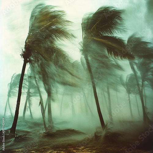 Bending palm trees sway dramatically in gale force winds during tropical storm, showcasing natures raw power and beauty. scene evokes sense of awe and intensity photo