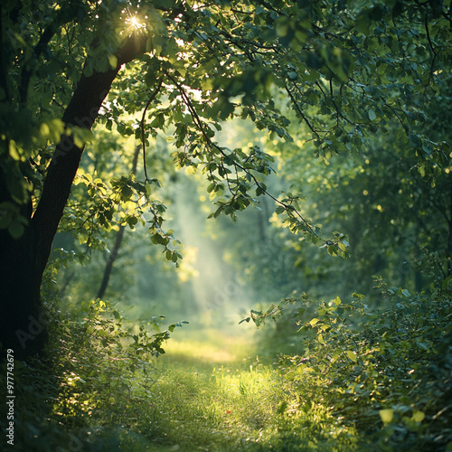 A gentle breeze rustles leaves of forest, creating serene atmosphere. Sunlight filters through trees, illuminating peaceful path surrounded by lush greenery