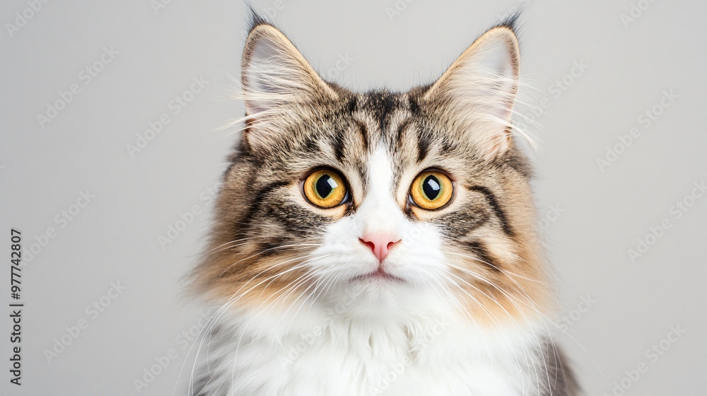 A close-up portrait of a Manx cat with bright, curious eyes, set against a light solid color background A close-up portrait of a Manx cat with bright, curious eyes, set against a light solid color background