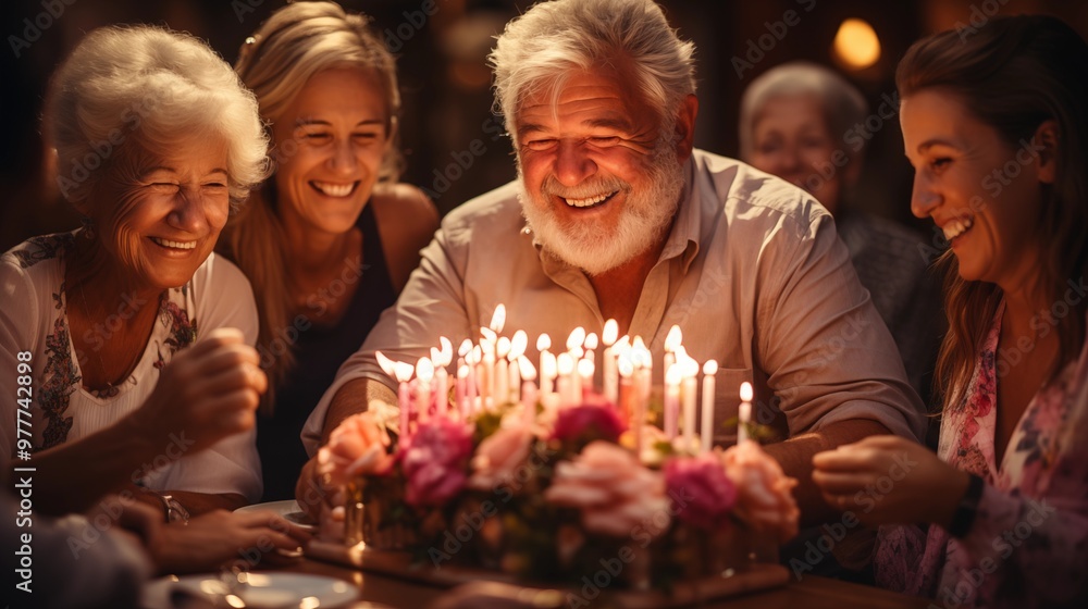 Senior woman with her husband and family, blowing candles on birthday cake,celebrating birthday. Joyful Senior woman with her husband and family, blowing candles on birthday cake,celebrating birthday. Joyful