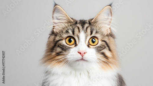 A close-up portrait of a Manx cat with bright, curious eyes, set against a light solid color background