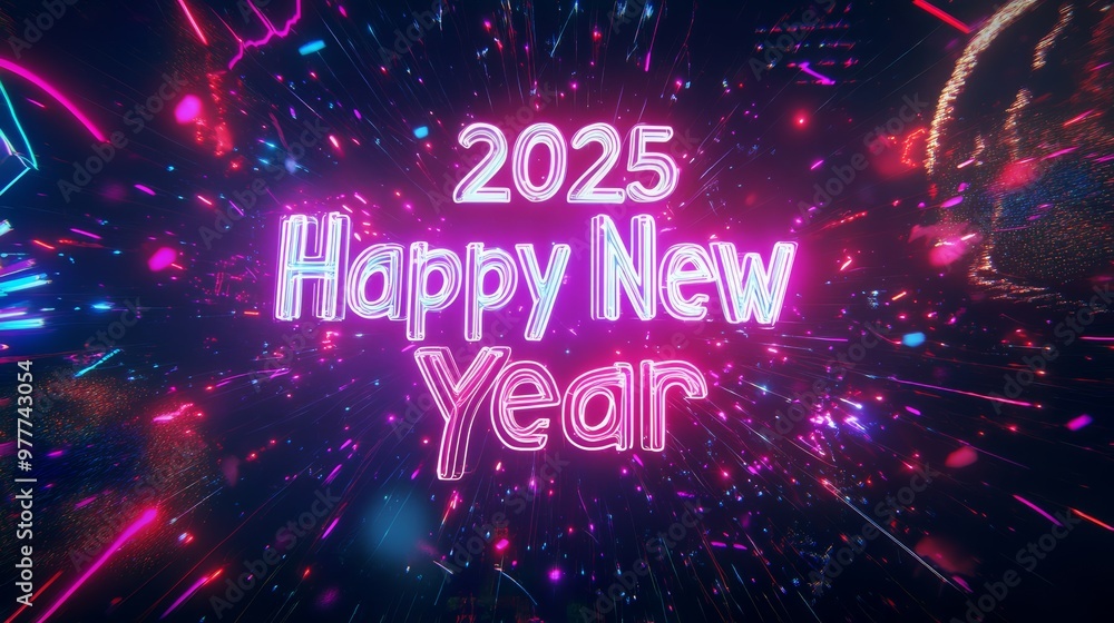 Happy New Year 2025 Neon Sign with Fireworks. Happy New Year 2025 Neon Sign with Fireworks.