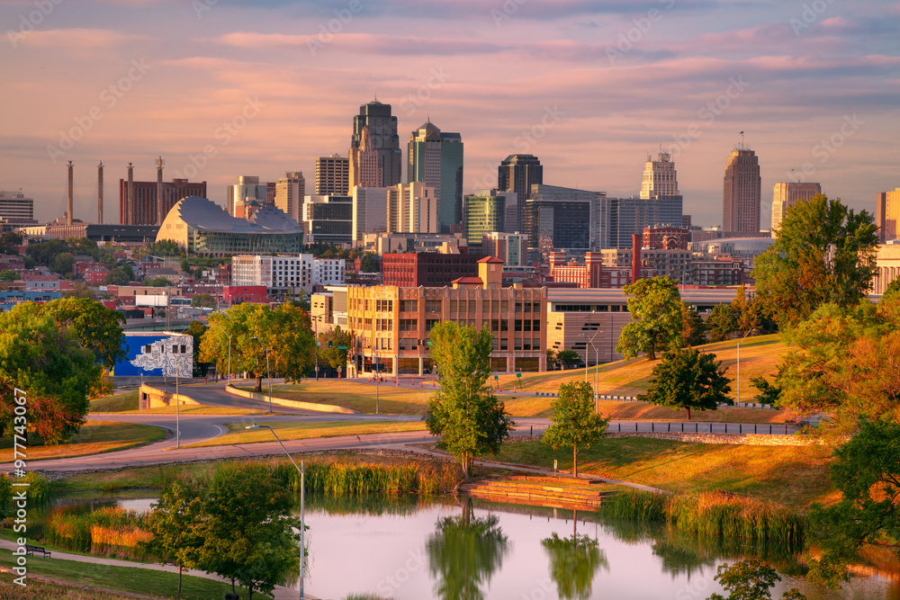 Kansas City, Missouri, USA. Aerial cityscape image of Kansas City skyline at autumn sunset.