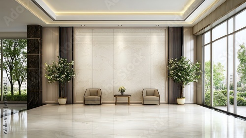 A large room with a white wall and a black trim. There are two chairs and a table in the room. The room has a modern and elegant design