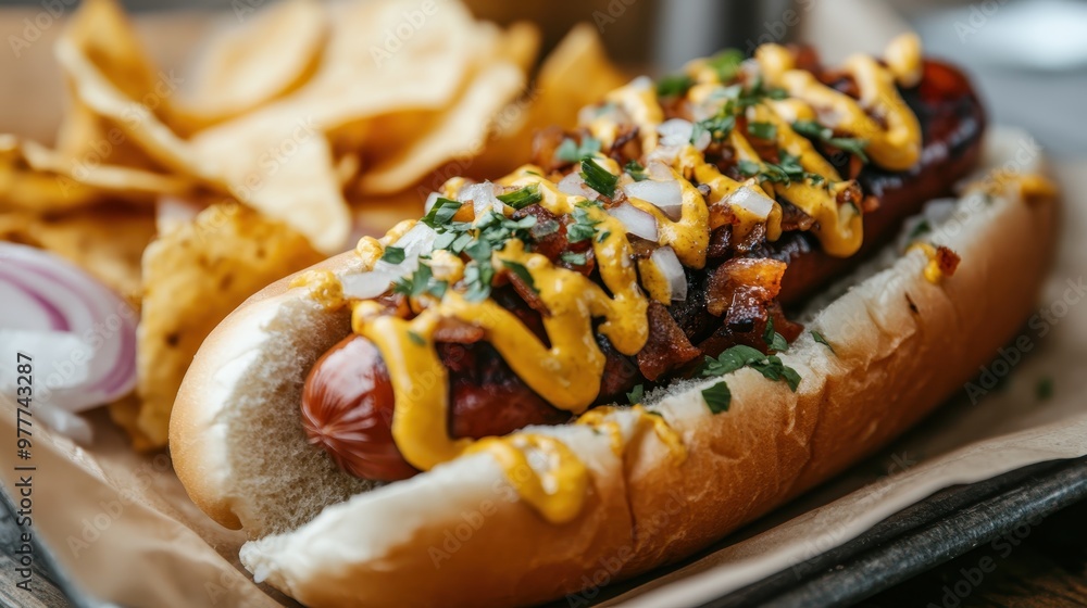 A delectable hot dog featuring mustard, chopped onion, and other toppings, served on a fluffy bun alongside crispy potato chips, perfect for any quick meal. A delectable hot dog featuring mustard, chopped onion, and other toppings, served on a fluffy bun alongside crispy potato chips, perfect for any quick meal.