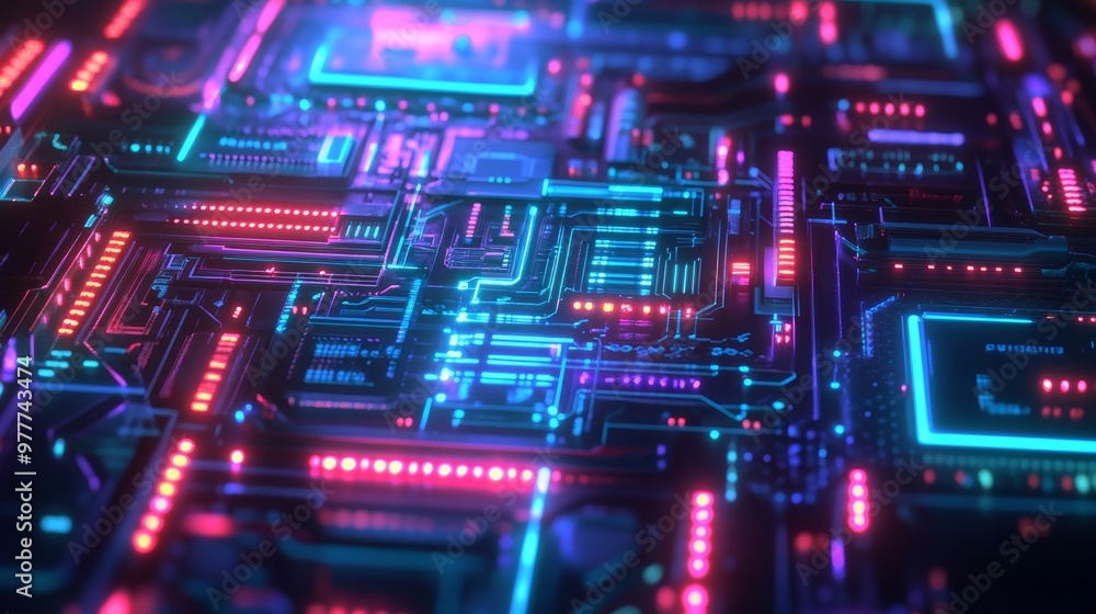 Futuristic Circuit Board with Glowing Neon Lights. Futuristic Circuit Board with Glowing Neon Lights.