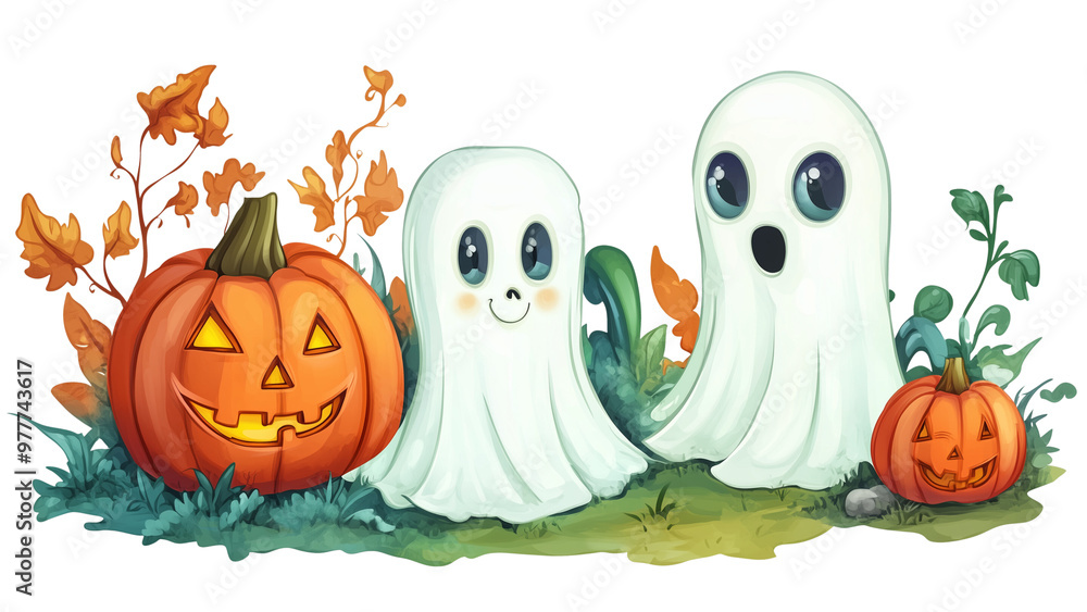 Cute ghosts ,bats and pumpkins in the garden, a clipart illustration in cartoon style on transparent background Cute ghosts ,bats and pumpkins in the garden, a clipart illustration in cartoon style on transparent background