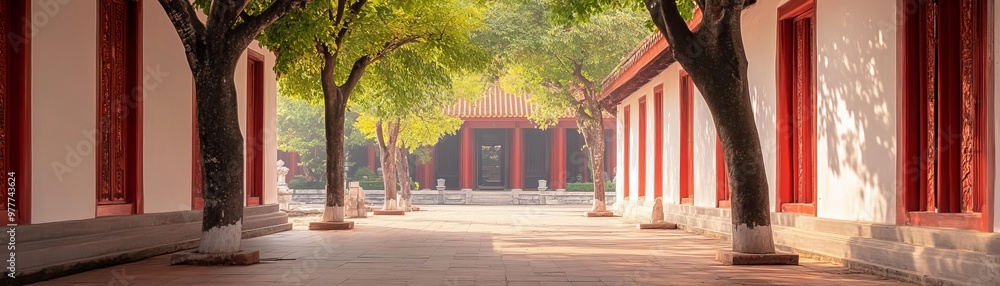 Naklejka premium A tranquil pathway lined with trees and red pillars, leading to a serene temple, perfect for nature and architecture lovers.