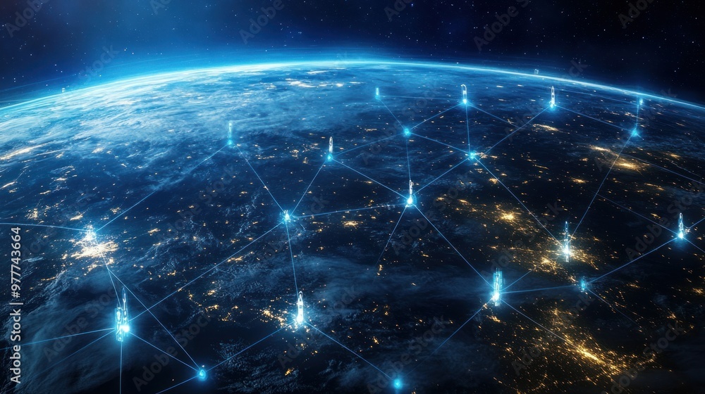 Global Network of Towers Connected by Blue Lines Over Earth at Night Global Network of Towers Connected by Blue Lines Over Earth at Night