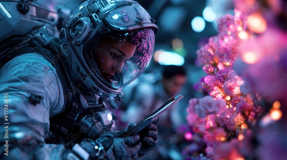Two astronauts with advanced suits and tablets are closely examining colorful formations in a futuristic space setting, symbolizing discovery and scientific research. Two astronauts with advanced suits and tablets are closely examining colorful formations in a futuristic space setting, symbolizing discovery and scientific research.