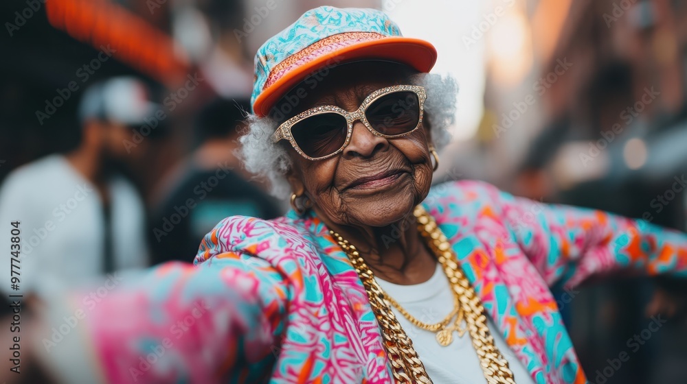 An elderly individual in an exuberant, colorful outfit with gold chains and a detailed hat, extending their arms wide in a lively outdoor setting, exuding joy and vitality. An elderly individual in an exuberant, colorful outfit with gold chains and a detailed hat, extending their arms wide in a lively outdoor setting, exuding joy and vitality.