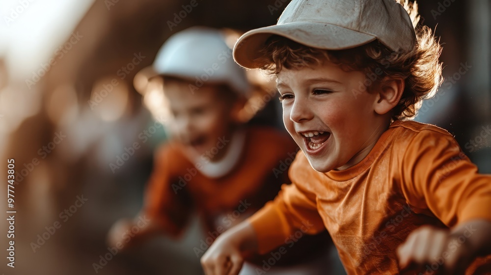 Two children dressed alike run energetically with joy, captured mid-motion against a blurred background, representing childhood freedom and happiness. Two children dressed alike run energetically with joy, captured mid-motion against a blurred background, representing childhood freedom and happiness.