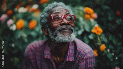 An elderly man dressed in a plaid shirt sits among colorful flowers which includes bright oranges and greens, suggesting a connection between age and nature's beauty.