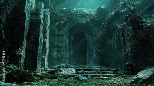 Overgrown Stone Archway Leading to a Dark Interior