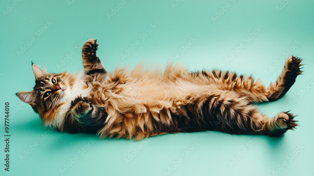 Obraz premium A fluffy moggie cat lounging comfortably on a pastel solid color background, showcasing its unique coat patterns