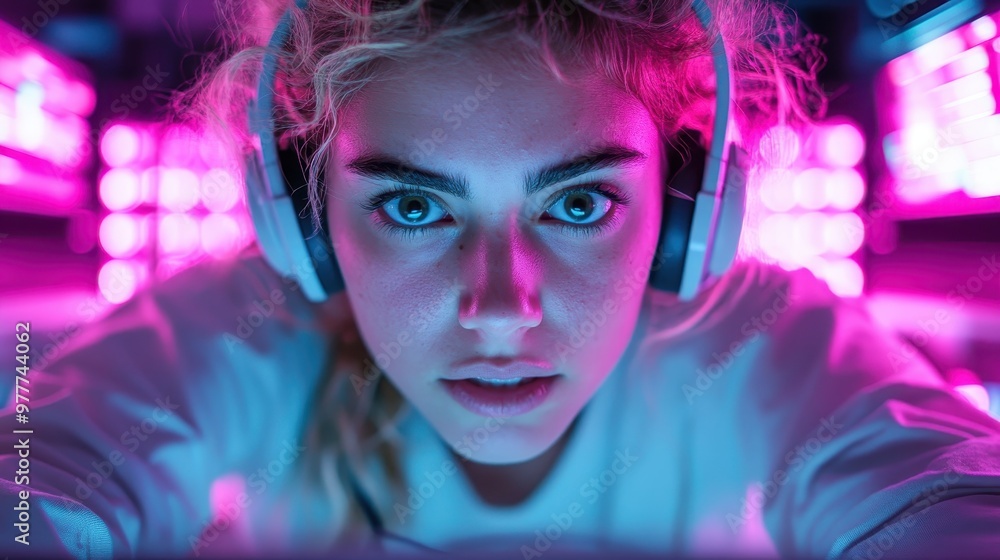 A mesmerizing image of a young woman intently focused, with headphones on, enveloped in vibrant neon pink lighting, embodying modernity and youthful energy. A mesmerizing image of a young woman intently focused, with headphones on, enveloped in vibrant neon pink lighting, embodying modernity and youthful energy.