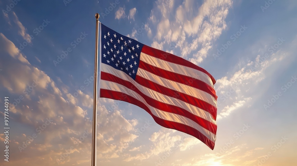 A large American flag is flying in the sky. The flag is red, white, and blue. The sun is setting, creating a warm and peaceful atmosphere A large American flag is flying in the sky. The flag is red, white, and blue. The sun is setting, creating a warm and peaceful atmosphere