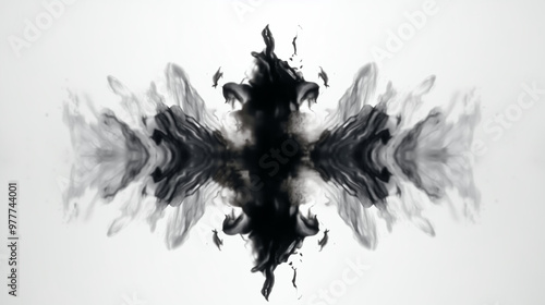 Abstract symmetrical black inkblot pattern on white background