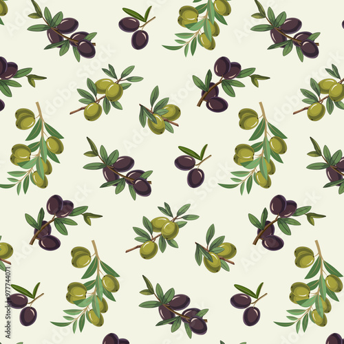 Green background with multi-colored olives.Vector seamless pattern with olive branches on a colored background.