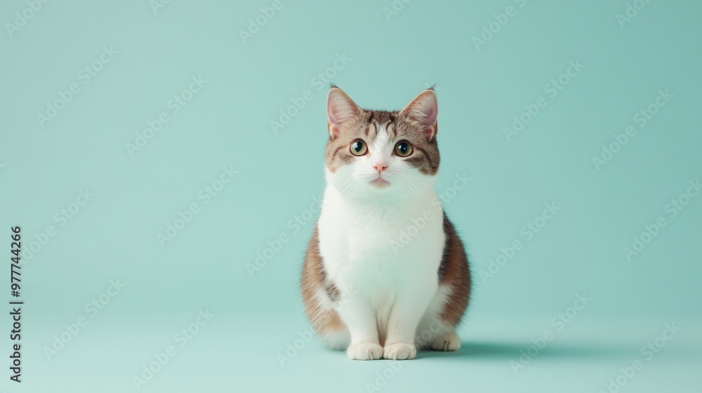A playful Munchkin cat sitting on a light solid color background, showcasing its short legs and fluffy fur A playful Munchkin cat sitting on a light solid color background, showcasing its short legs and fluffy fur