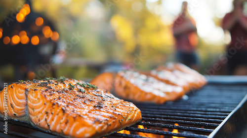 Grilled salmon steaks on outdoor barbecue with herbs and summer bokeh background photo