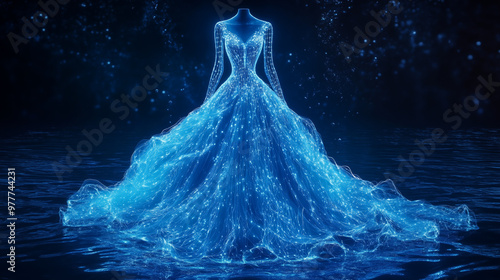 Glowing blue futuristic ball gown made of digital particles in a dark, mystical setting