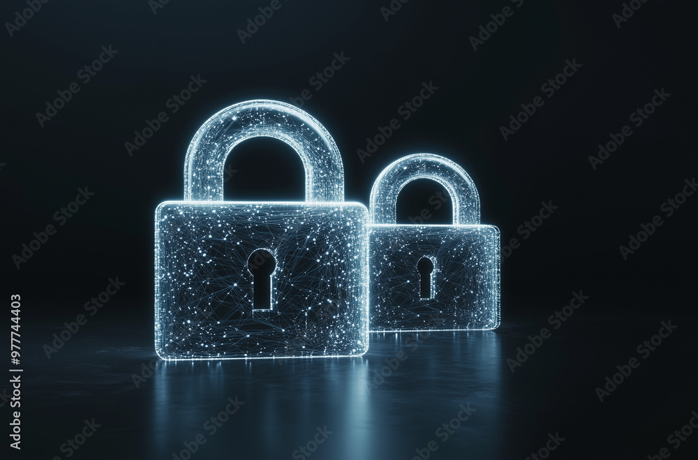 Two glowing digital padlocks on dark background, symbolizing cybersecurity Two glowing digital padlocks on dark background, symbolizing cybersecurity