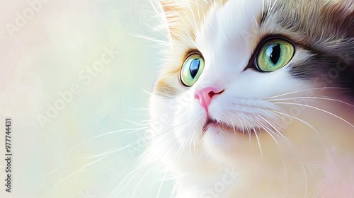 A close-up of a Munchkin cat's face with bright eyes and a curious expression, against a soft pastel backdrop