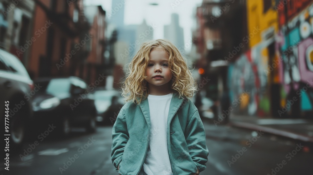 Fototapeta premium A young child with curly hair stands in the middle of an urban street, surrounded by graffiti-covered walls, showcasing a blend of innocence and urban life.
