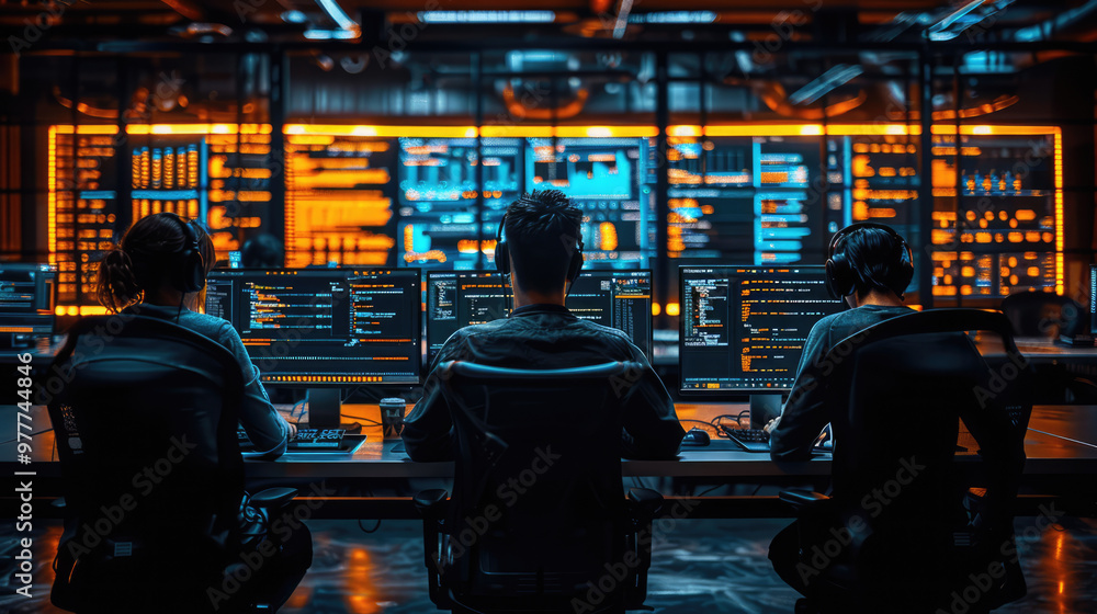 Naklejka premium A team of developers working on AI algorithms, with computer screens displaying code and data visualizations