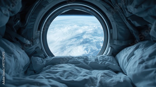 Fototapeta Naklejka Na Ścianę i Meble -  A tranquil, cozy bedroom setting inside a spacecraft featuring a breathtaking view of Earth through a round window, blending comfort and cosmic exploration.