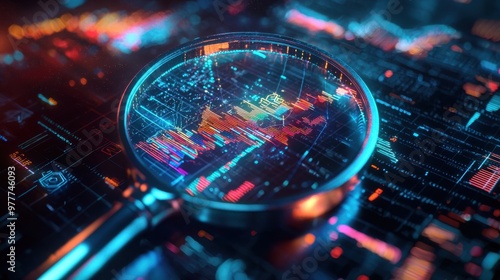 A cyberpunk-style depiction of a high-tech magnifying glass with neon lights, examining futuristic holographic financial graphs and data streams.