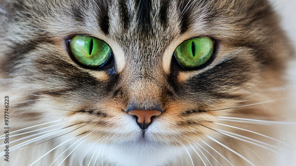 A close-up portrait of a Norwegian Forest Cat displaying its striking green eyes and majestic whiskers, set against a light solid color backdrop A close-up portrait of a Norwegian Forest Cat displaying its striking green eyes and majestic whiskers, set against a light solid color backdrop